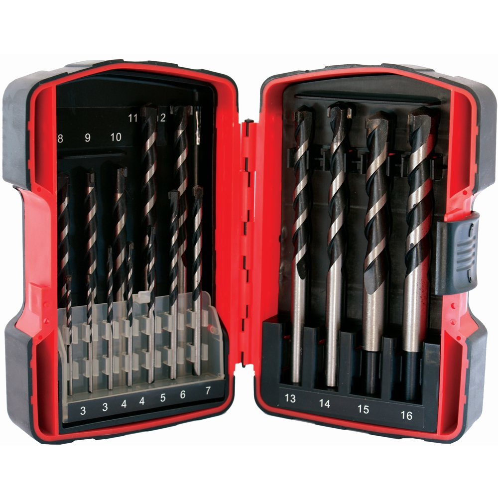 Masonry Drill Bit Set 16pc 3 - 16mm In Plastic Case