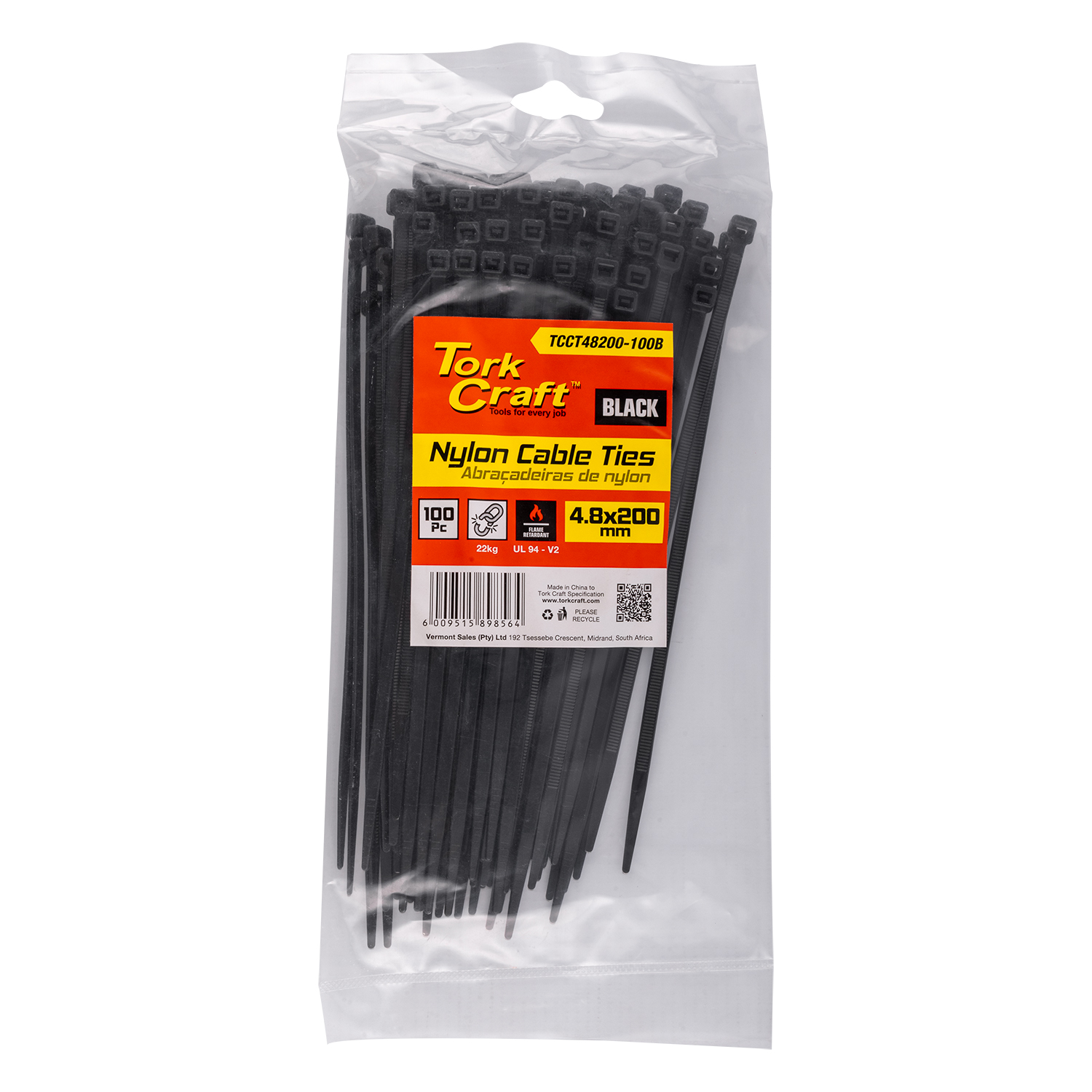 Nylon Cable Ties 4.8mm X 200mm Black 100pc